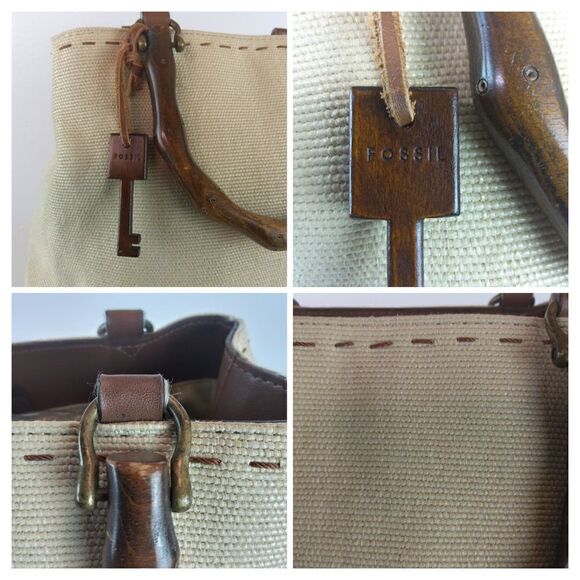 Fossil cream fabric handbag with leather trim, and faux wood handles - Picture 9 of 12